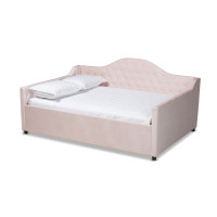 Baxton Studio CF8940-Light Pink-Daybed-F Perry Modern and Contemporary Light Pink Velvet Fabric Upholstered and Button Tufted Full Size Daybed